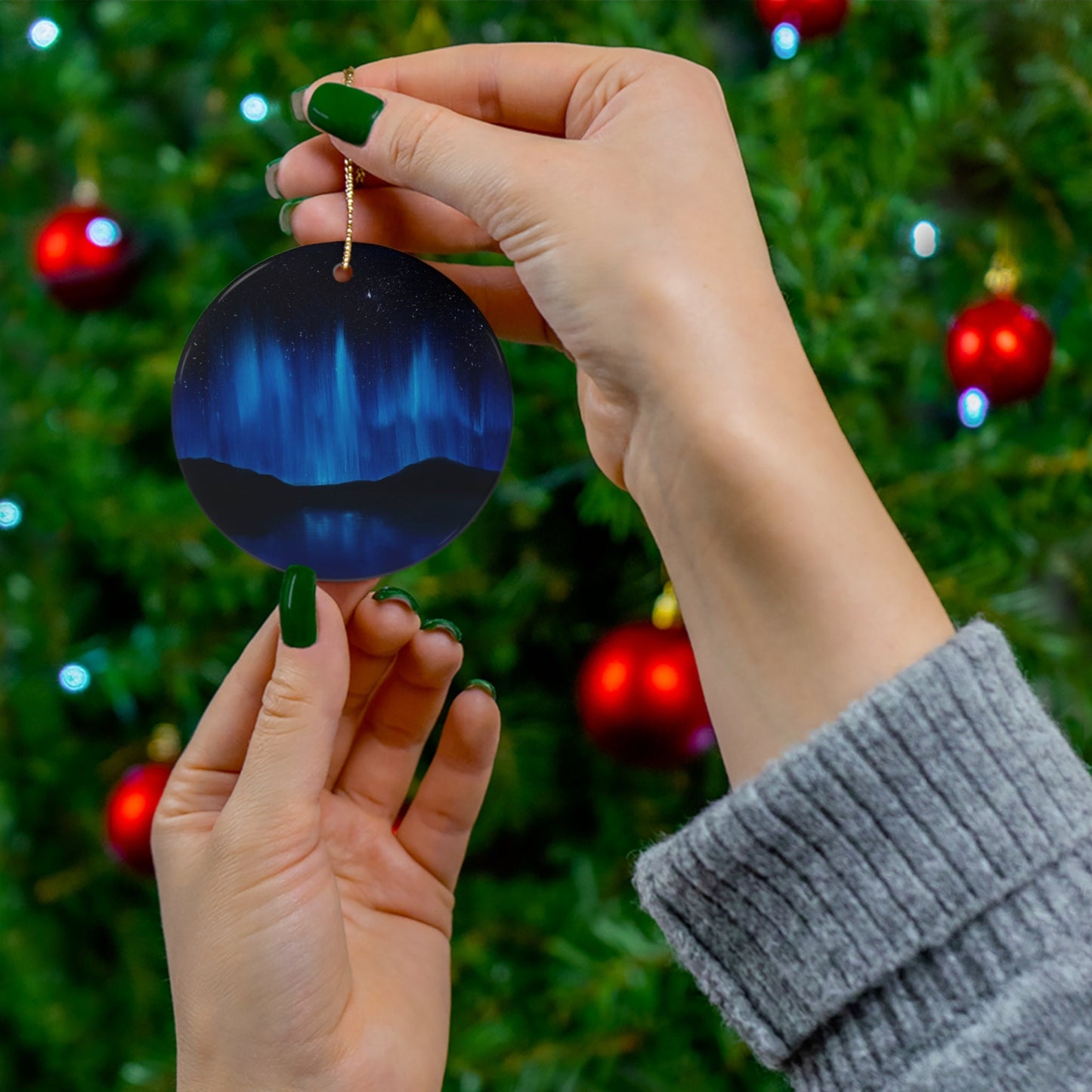 Blue Northern Lights Aurora Borealis Ceramic Christmas Ornament